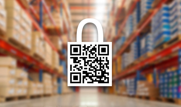 A QR code over a white lock symbol hovering in the middle of a warehouse isle