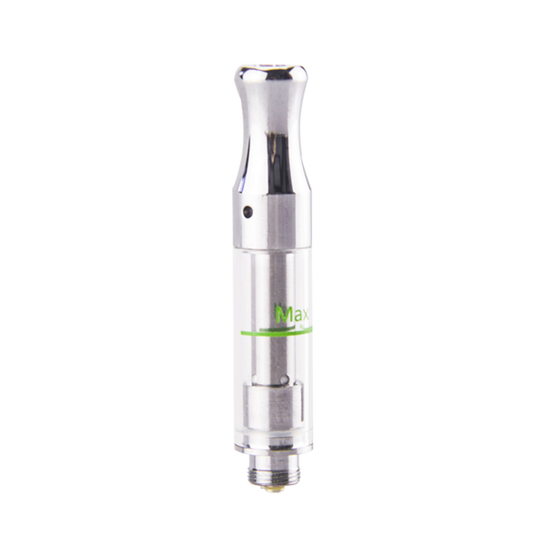 Silver 0.5 ml DM 009 510 thread vape cartridge with a green max fill line graduated onto the barrel  and adjustable airflow port