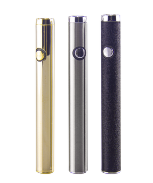 Three DMLift Inc 510 battery pens in gold, silver, and embossed black. All with gold and silver buttons
