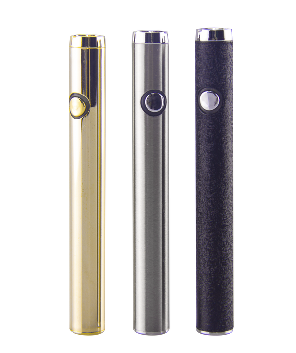Three DMLift Inc 510 battery pens in gold, silver, and embossed black. All with gold and silver buttons