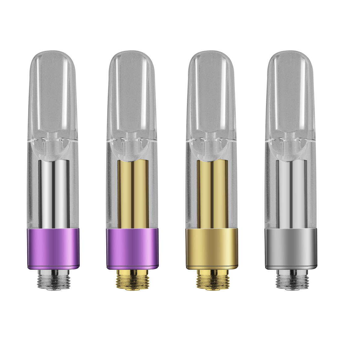 Four 0.5mL Dm 016 510 thread vape cartridges with purple base silver post, purple base gold post, gold base gold post, and silver base silver post. 