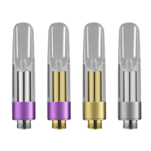 Four 0.5mL Dm 016 510 thread vape cartridges with purple base silver post, purple base gold post, gold base gold post, and silver base silver post. 