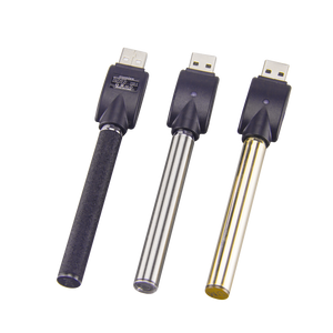 Three DMLift Inc 510 battery pens in gold, silver, and embossed black. All with usb charging devices mounted onto the 510 threading
