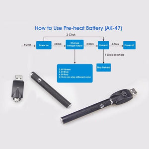 Two embossed black DMLift 510 battery pens with silver buttons, one attached to a usb charging attachment through the b10 threading and the other with a usb charging attachment offset. Above are instructions for use of a 510 thread vape battery which states 5 clicks to power on/off the device, 3 clicks to change the voltage output, 2 clicks to pre-heat, 1 click or inhale to stop preheat and begin use. 