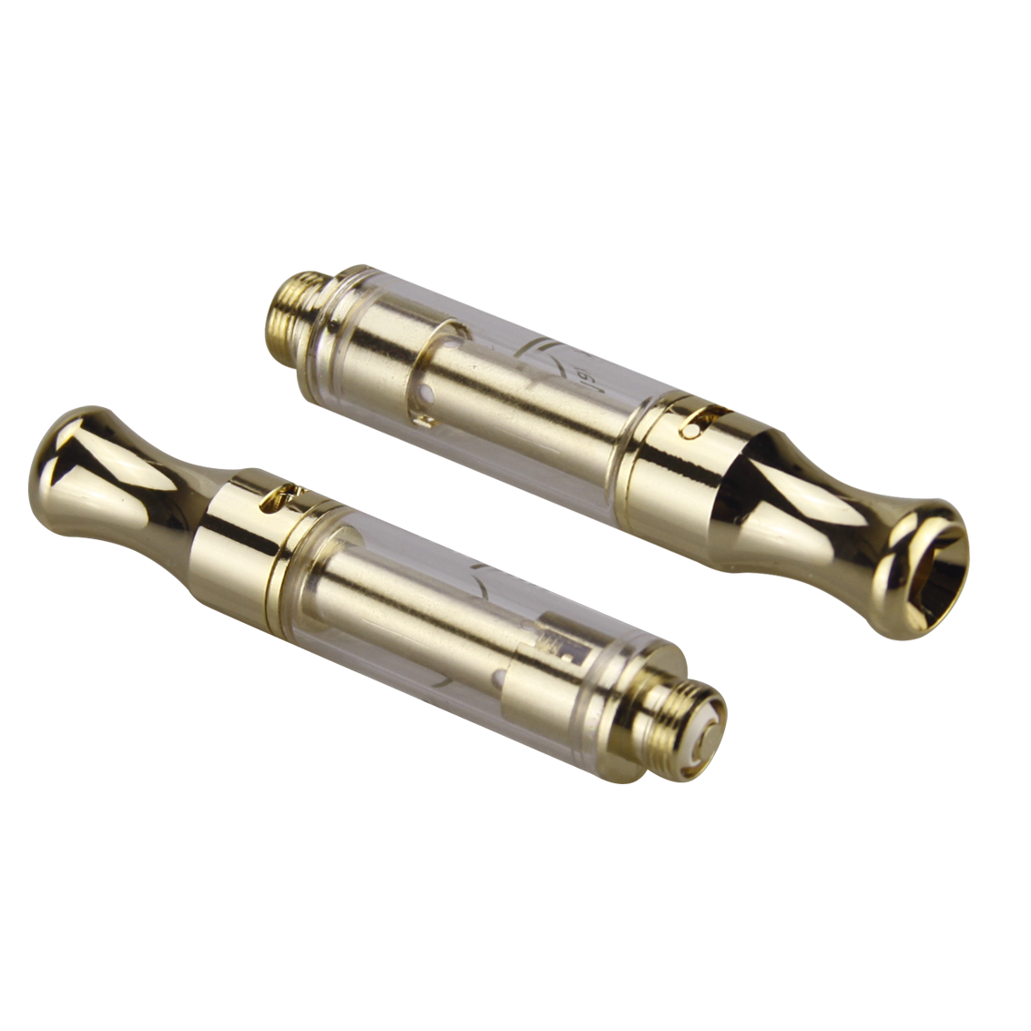 Gold 1 ml DM 009 510 thread vape cartridge with a green max fill line graduated onto the barrel and adjustable airflow port