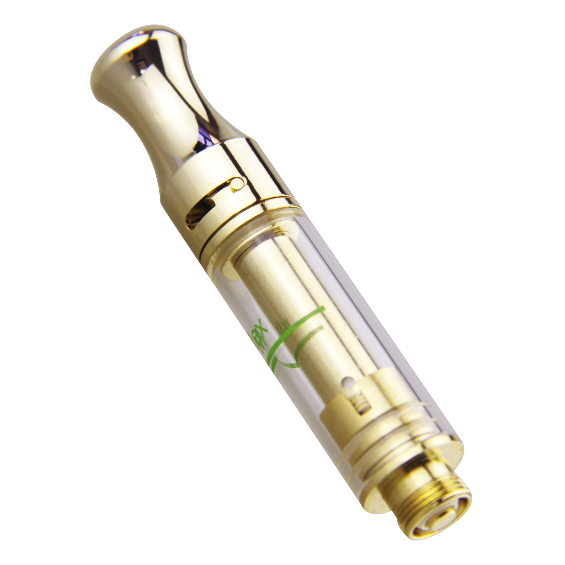 Gold 1 ml DM 009 510 thread vape cartridge with a green max fill line graduated onto the barrel and adjustable airflow port