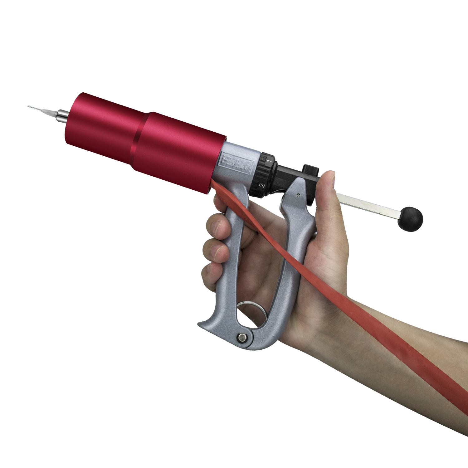 A person's hand holding DM Lift cartridge filler gun with red barrel and silver receiver as well as a black charging handle