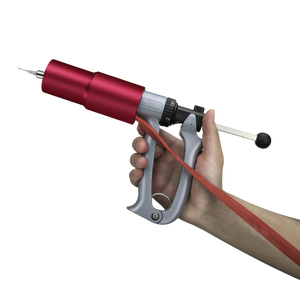 A person's hand holding DM Lift cartridge filler gun with red barrel and silver receiver as well as a black charging handle