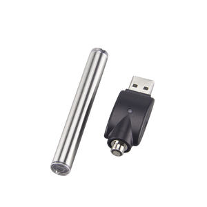 Silver DMLift 510 battery pen with usb charging attachment offset to the right of the battery