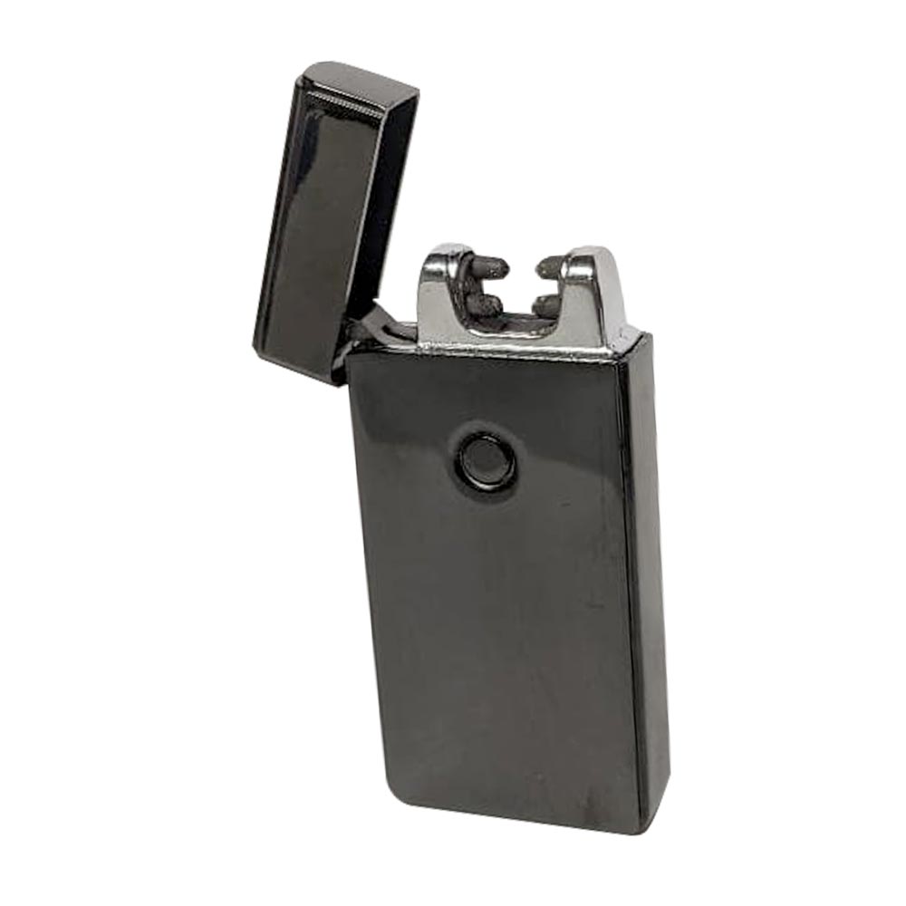 Metallic black double plasma arc lighter with button and hinge cap open