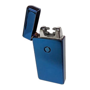Metallic blue double plasma arc lighter with button and hinge cap open