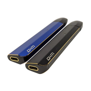 Black and Blue DM Lift vape pod with vape pod batteries with gold trim laying next to one another