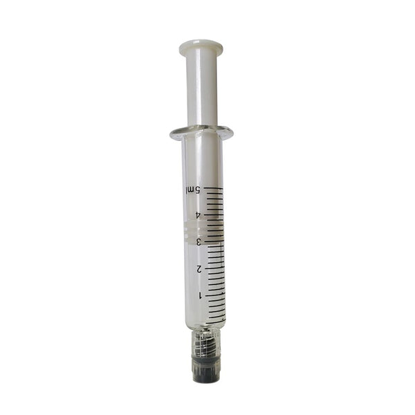 DMLift 5 ml zirconia plunger with zirconia tip inside a borosilicate glass syringe barrel with black graduation and gray luer lock tip