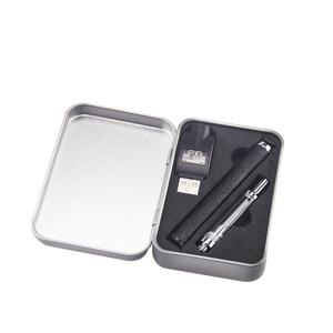 Embossed Black DMLift 510 threaded battery in silver metal case with a 510 thread vape cartridge and a usb charging attachment in foam slots molded for each item