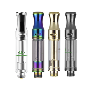DMLift Inc Silver, Rainbow, Gold, and Black 0.5 ml DM 009 510 thread vape cartridges, green max fill line graduated onto the barrel, and adjustable airflow ports at the top of the mouthpiece